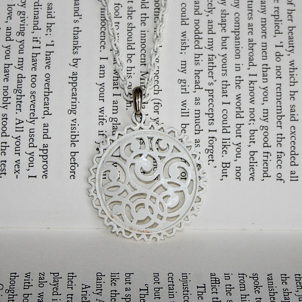 White Painted Ornate Pendant - White Chain Link Necklace - Frilly Dainty and Feminine Lace Pendant