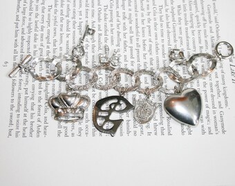 Chunky Charm Bracelet - Silver Tone Massive Charms - Crown Heart Clover Coat of Arms Keys