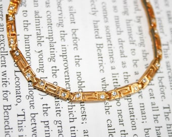 Greek Key Design Bracelet - Gold Tone with Tiny Rhinestones - Minimalist