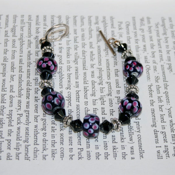 Bracelet perle noir à pois violet - Bracelet à breloques lourdes Fermoir à bascule