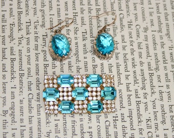 Bright Blue Crystal Matching Set - Brooch and Earrings - Blue and Clear Rhinestones - Blue Stone Circle Earrings and Square Brooch