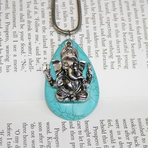 Huge Ganesha Faux Turquoise Necklace - Statement Piece Elephant God Blue Stone Silver Tone Serpentine Chain - Hinduism