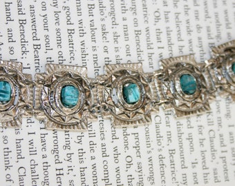 Huge Statement Piece Bracelet - Silver Tone with Chunks of Faux Turquoise - Aztec or Mayan Design - Heavy Metal Bracelet