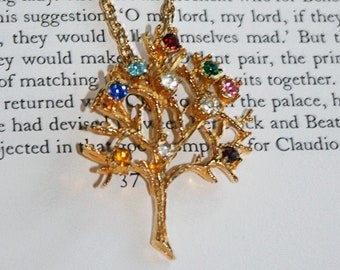Vintage Tree of Life - Mother's Tree Pendant Necklace - Gold Tone Colorful Rhinestones
