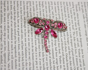 Large Pink Dragonfly Brooch - Bright Pink Faceted Rhinestones - Flying Insect Pin