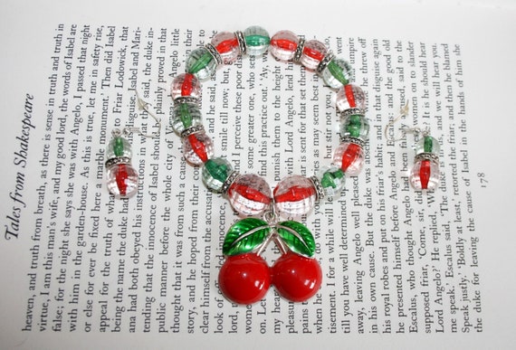 Red Cherry Matching Set - Charm Bracelet and Earr… - image 1