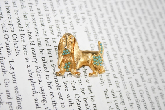 Basset Hound Brooch - Gold Tone with Teal Accents… - image 1