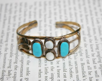 Large Chunk Cuff Bracelet - Teal and MOP Cabochons with Leaf Accents - Silver Tone Bohemian