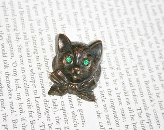 Unique Cat Brooch - "Paris-Style B. Co. New York" - Green Rhinestone Eyes