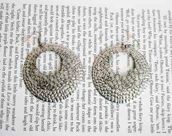 Large Snakeskin Silver Tone Disc Earrings - Reptile Scale Huge Earrings Statement Piece