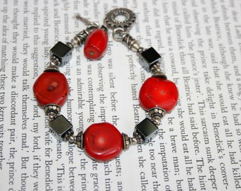 Rustic Red Magnesite and Hematite Charm Bracelet - Silver Tone Toggle Bracelet