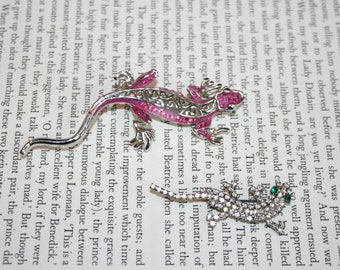 Lot of 2 Lizard Brooches - Rhinestone Reptile Pins - Geckos