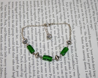 Silver Tone and Emerald Green Beaded Bracelet - Adjustable Length