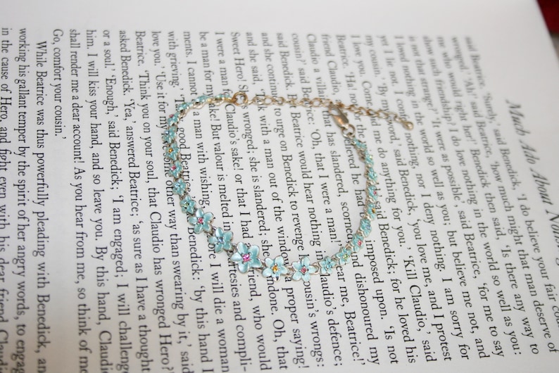Sweet and Dainty Blue Flower Bracelet Forget Me Nots Multi Color Rhinestones and Blue Enamel Daisies