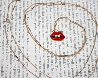 Red Lips Pendant Long Necklace -Gold Tone - Buck Teeth