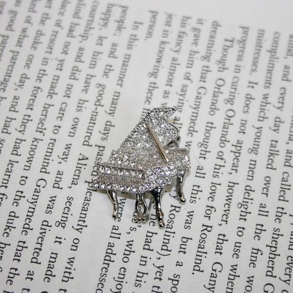 Tiny Silver Tone Piano Brooch - Miniature Baby Grand with Rhinestones