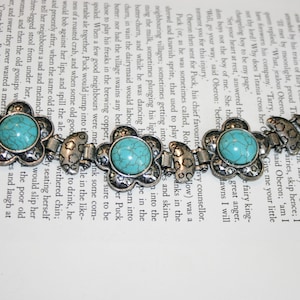 Chunky Silver Tone Faux Turquoise Bracelet - Large Bohemian Flower Metal Bracelet