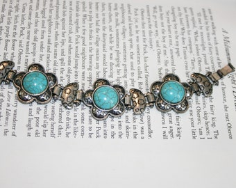 Chunky Silver Tone Faux Turquoise Bracelet - Large Bohemian Flower Metal Bracelet