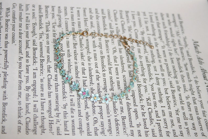 Sweet and Dainty Blue Flower Bracelet Forget Me Nots Multi Color Rhinestones and Blue Enamel Daisies