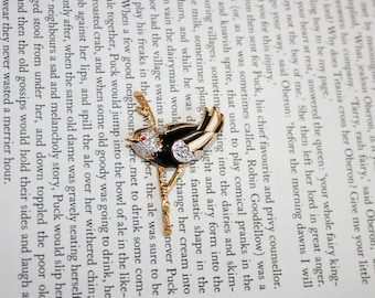 Cute Black and White Bird Brooch - Gold Tone Sparrow Pin