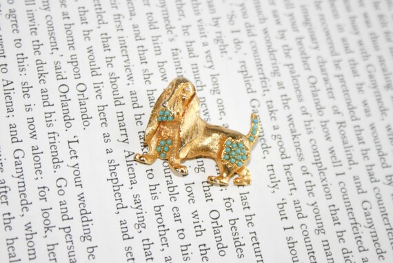 Basset Hound Brooch - Gold Tone with Teal Accents… - image 2