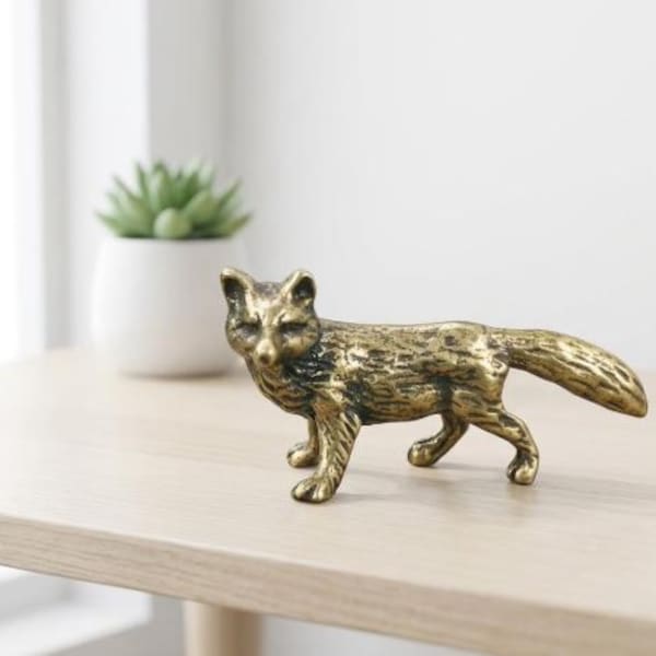 Solid Brass Fox Figurine, Rustic Animal Sculpture, Woodland Table Ornament