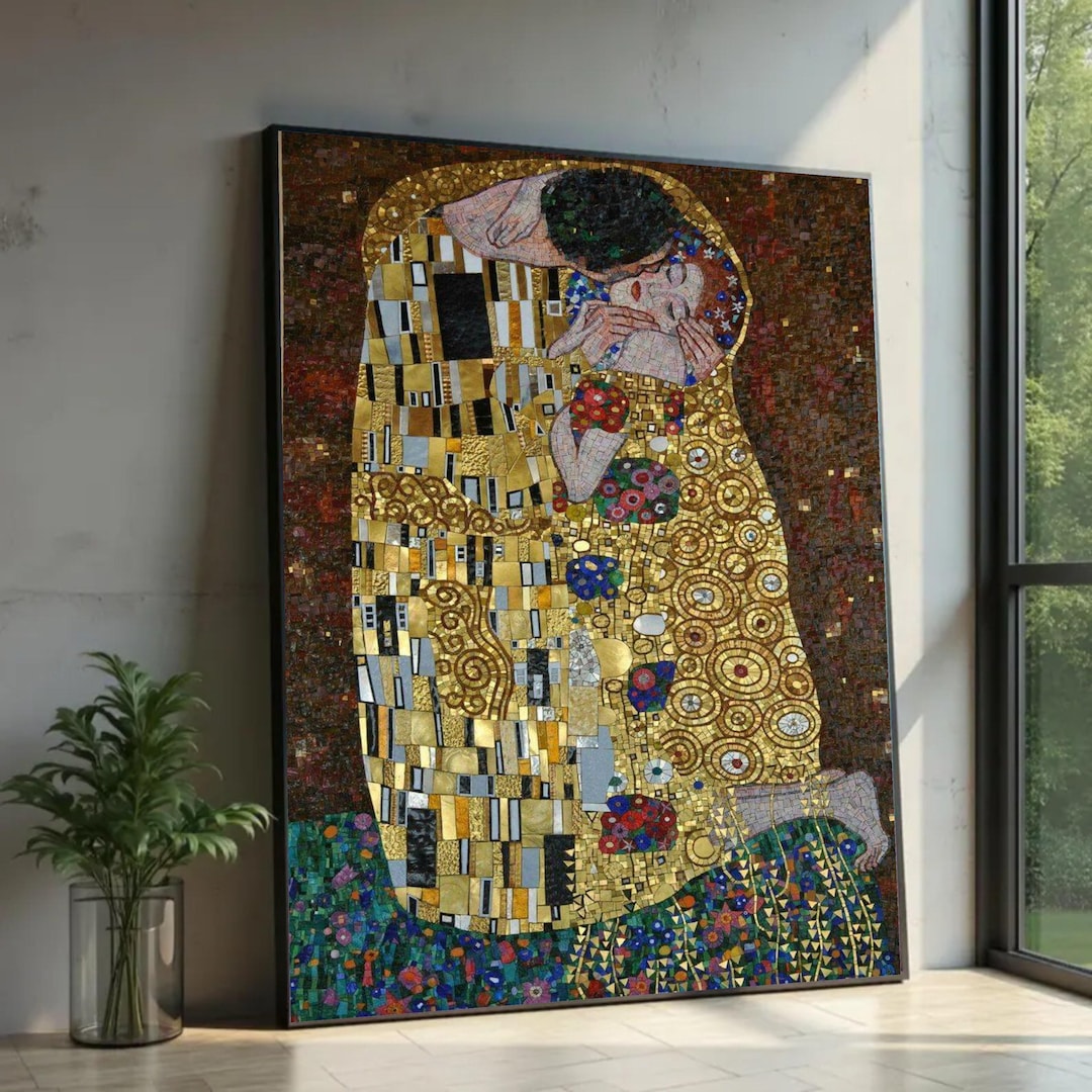 Gustav Klimt the Kiss Canvas Art, Romantic Mosaic Style, Gold Accent ...