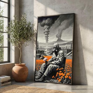 Post Apocalyptic Gas Mask Survivor Print, Orange Wildflowers Dystopian Art