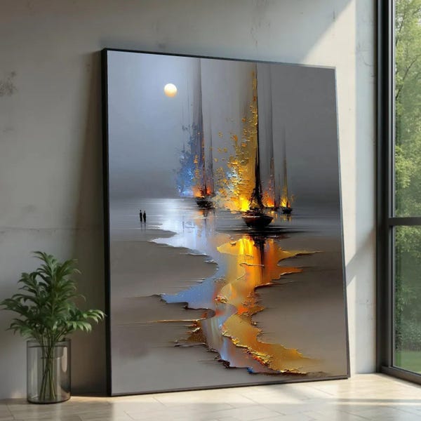 Tela abstrata com barcos à vela, impressão de paisagem oceânica, arte náutica contemporânea.