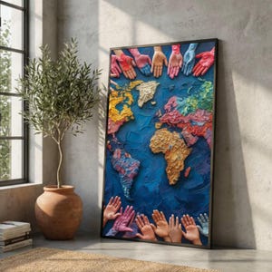 May include: A framed world map art piece with a textured, colorful design. The continents are depicted in various hues, with hands in different colors around the map. The artwork is set against a blue background.
