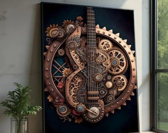 Steampunk Guitar Canvas Art, Mechanical Gears, Industrial Music Decor, Vintage Style Wall Art