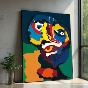 Lienzo abstracto con rostro al estilo de Karel Appel, decoración de pared expresionista y colorida.
