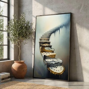 Surrealistiska smältande klockor trappuppgång canvas, Dali-inspirerad tid väggkonst, drömlik surrealism dekor