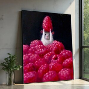 Whimsical Mouse Raspberry Hat Canvas Art, Playful Animal Fruit Illustration Decor