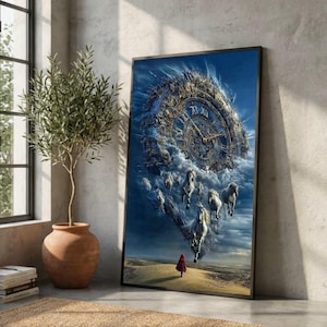 May include: Framed art print featuring a surreal scene with a large clock in the sky, white horses, and a person in a red cloak walking on a path. The clock has Roman numerals and ornate details, set against a blue sky.