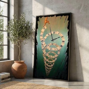 May include: Framed art print featuring a surreal depiction of time. A figure is running atop a spiraling clock face with Roman numerals. The background has a gradient of green and blue hues, with a black frame.