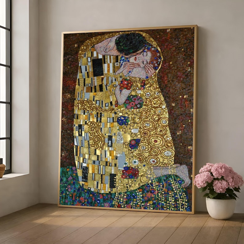 Gustav Klimt the Kiss Canvas Art, Romantic Mosaic Style, Gold Accent ...