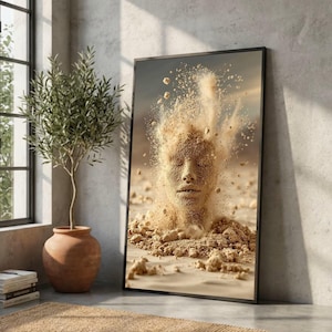 Surrealistisk sandexplosion på canvas, abstrakt människohuvudkonst, modern minimalistisk väggdekor, konceptuellt konsttryck, redo att hängas