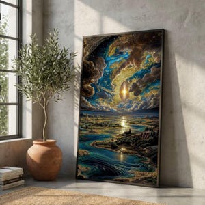 Mystical Celestial River Landscape, Fantasy Canvas Wall Art, Golden Starry Sky Painting, Dreamlike Nature Scene Canvas, Home Decor Wall Art