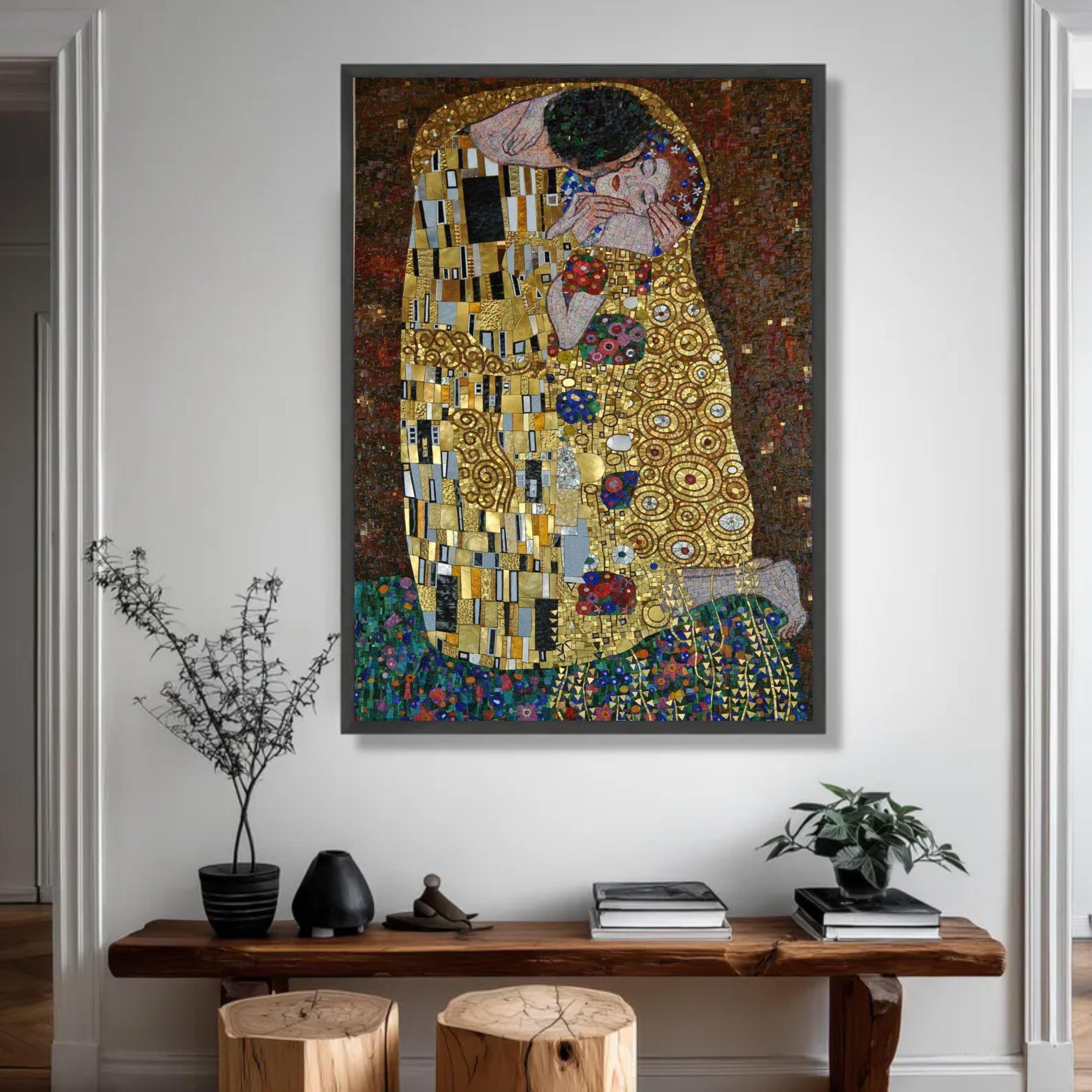 Gustav Klimt the Kiss Canvas Art, Romantic Mosaic Style, Gold Accent ...