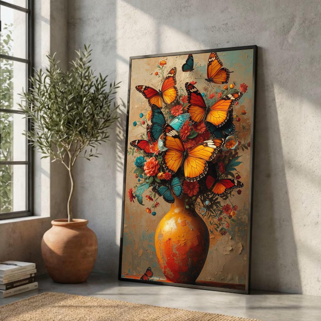 Vibrant Butterfly Bouquet Canvas Art, Floral Vase Wall Decor, Orange ...