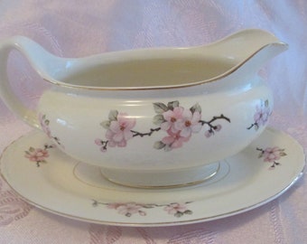 Homer Laughlin Apple Blossom Gravy Boat & Underplate