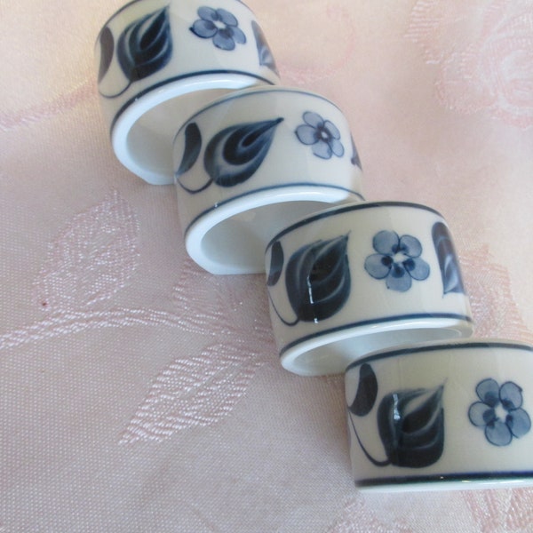 Blue & White Floral Hand Painted Ceramic Napkin Rings - Set of 4