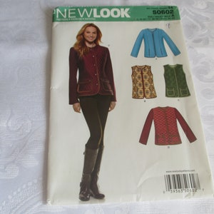 May include: A sewing pattern for a quilted jacket and vest. The pattern includes four different styles: a long-sleeved jacket with a zipper closure, a sleeveless vest with a button closure, a short-sleeved jacket with a zipper closure, and a long-sleeved jacket with a button closure. The pattern is from New Look and the pattern number is S0602.