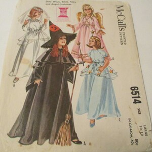 May include: McCall's printed sewing pattern for a witch, fairy, bride, and angel costume. The pattern number is 6514, size 10-12, and costs 50 cents. The pattern is for a large size.