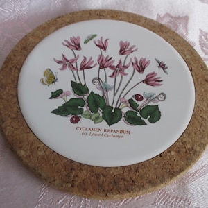 May include: A cork-backed ceramic coaster with a floral design featuring pink and white cyclamen flowers with green leaves. The text "CYCLAMEN REPANDUM Ivy Leaved Cyclamen" is printed on the coaster.