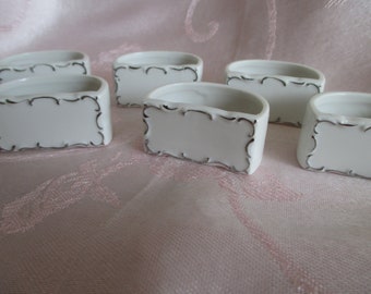 White & Silver Ceramic Napkin Rings - Name Place - Set of 6