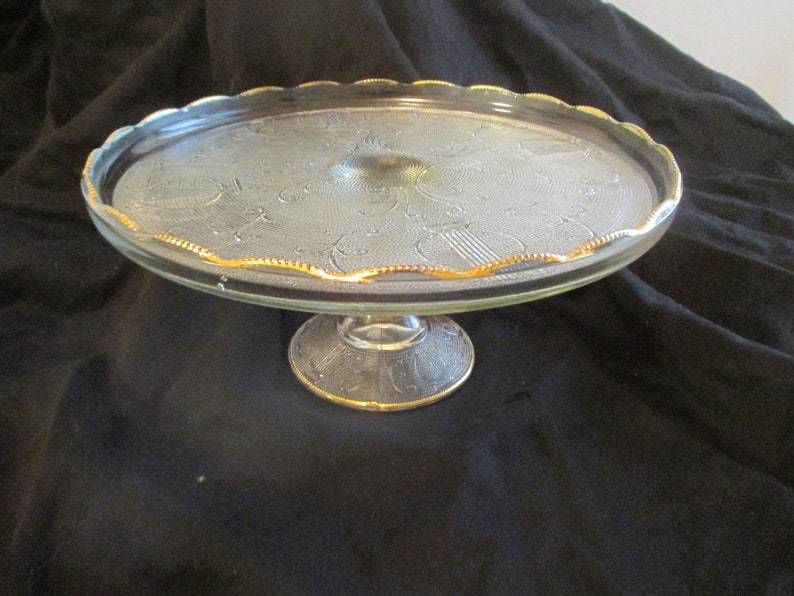1950s Jeanette Glass Gold Rim Cake Stand Harp