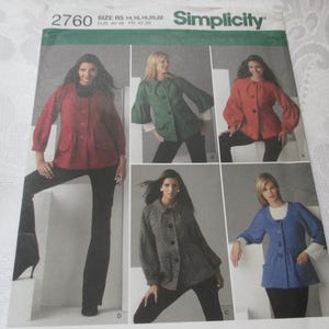May include: Simplicity sewing pattern 2760 featuring various jacket designs. The jackets are shown in red, green, orange, gray, and blue. The pattern includes sizes RS 14, 16, 18, 20, and 22.