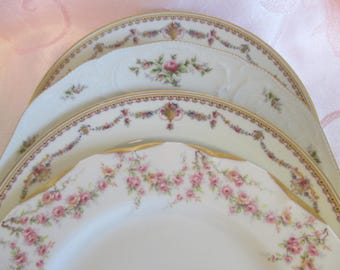 Vintage Mismatched Pink & Gold Floral Salad-Dessert Plates - Set of 4